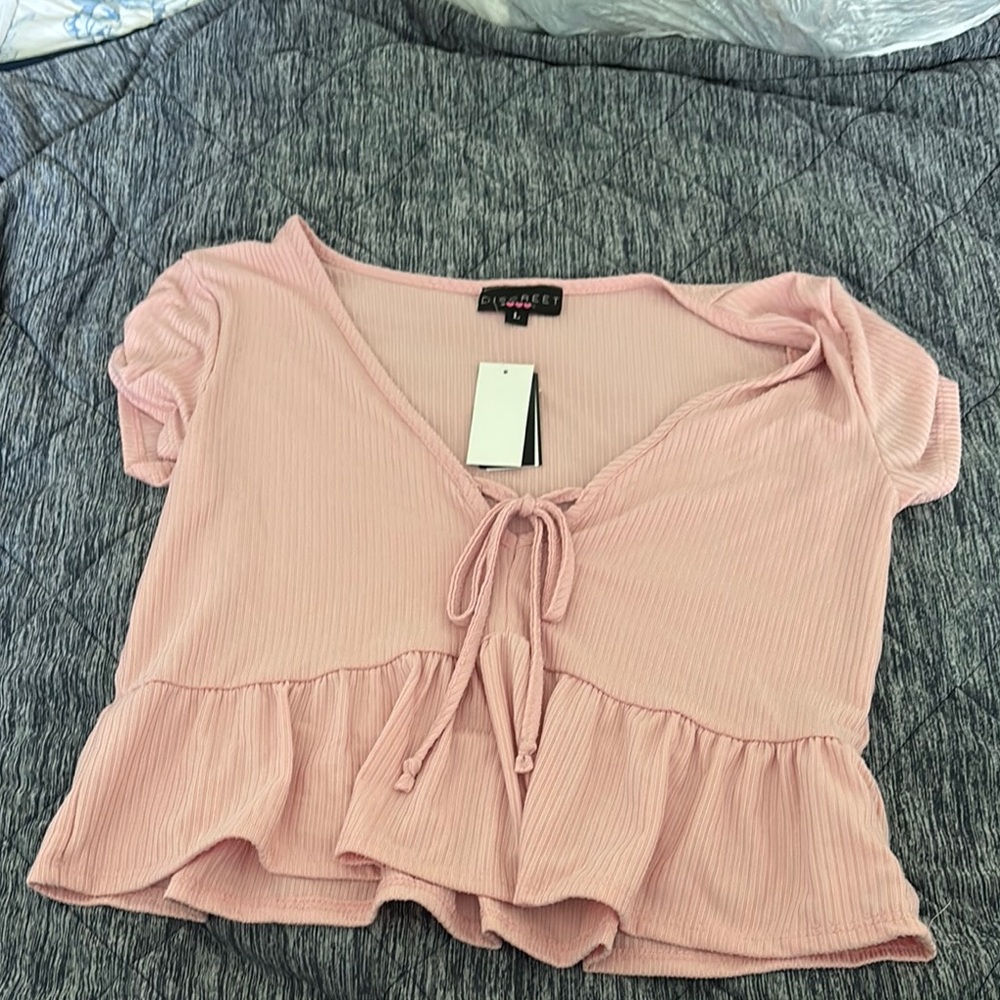 Discreet Pink Puff Sleeve Blouse with Tie Front